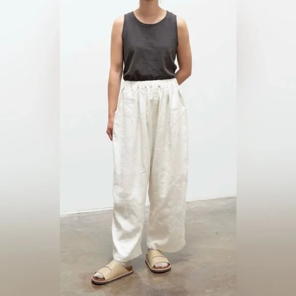 Ichi Antiquités Linen Silk Pants O/S White Wide Leg Pull On Coastal Minimalist - Picture 4 of 7